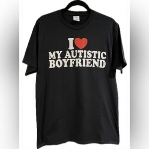 Black/White/Red, “I Love My Autistic Boyfriend” Women’s Medium, Cotton T…